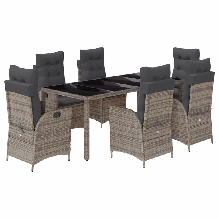 Set da Pranzo da Giardino 7 pz con Cuscini in Polyrattan Grigio