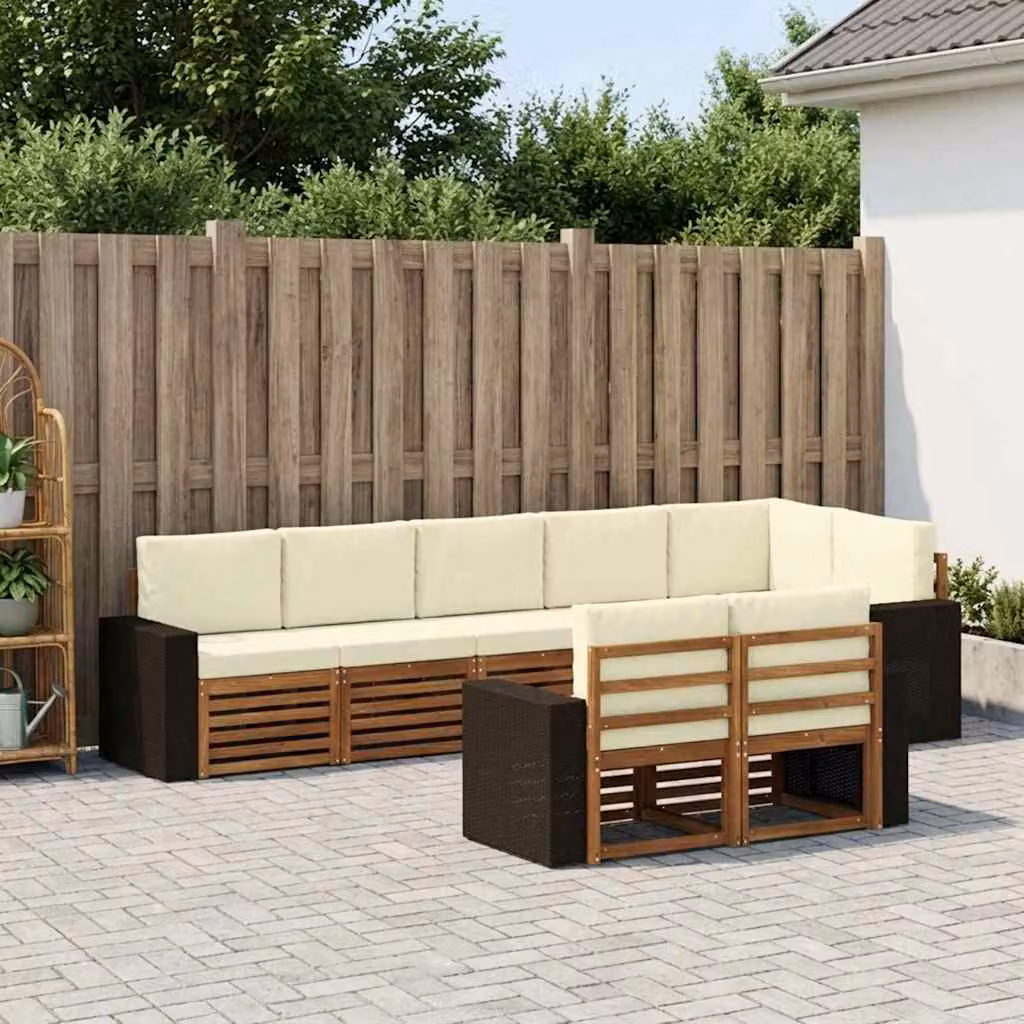 Set di divani da esterno vidaXL 8 pz in legno di acacia con cuscini beige e bianco in poliestere resistente ai raggi UV