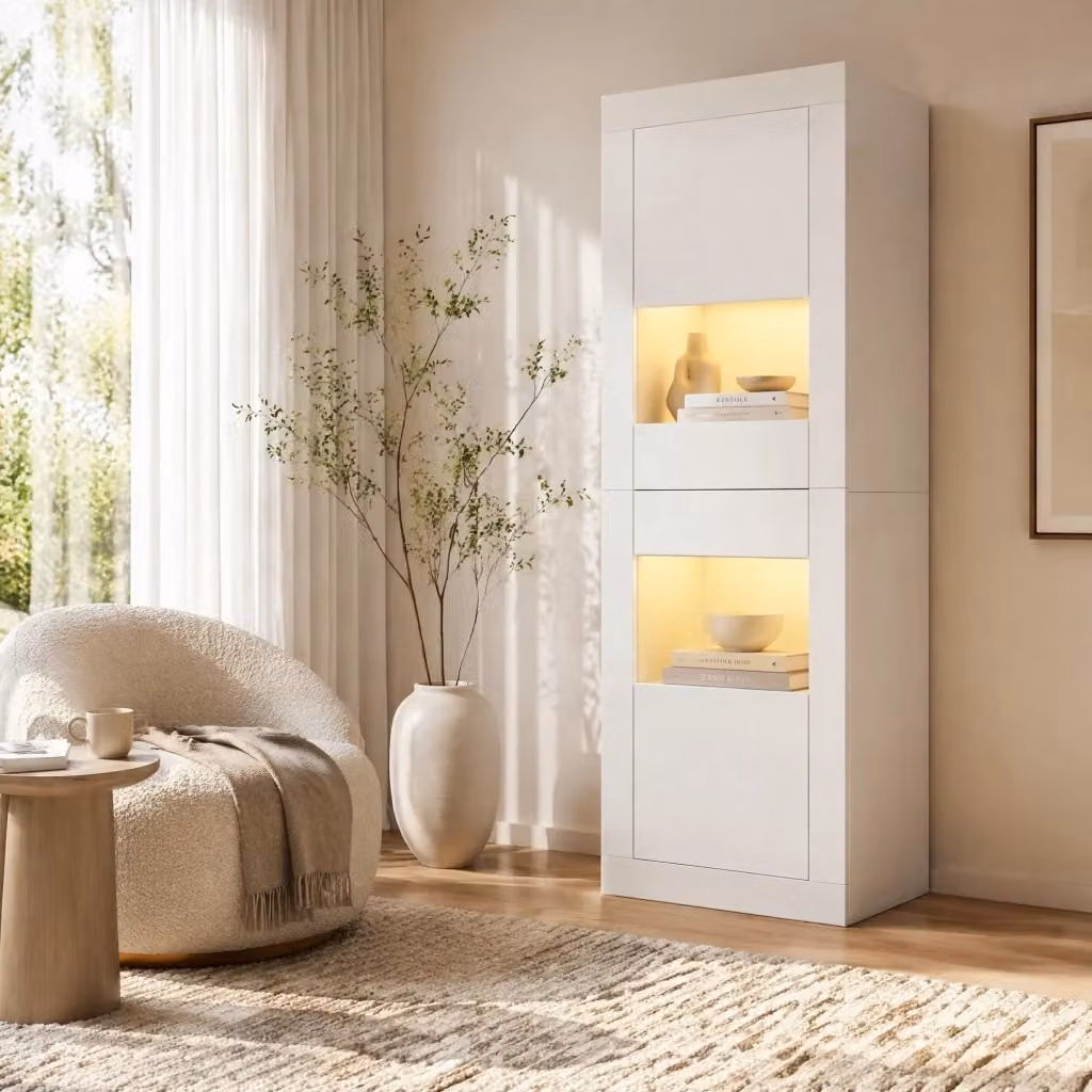 Vetrina bianca moderna MODFU con ante in vetro, illuminazione integrata e ripiani interni, L: 61 cm, P: 42 cm, H: 162 cm – 2