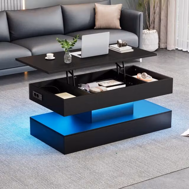 Tavolino basso alzabile con vano nascosto LED Bluetooth e prese europee nero 100 × 50 × 42 cm
