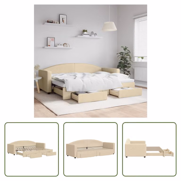 The Living Store letto da giorno allungabile con cassetti crema 80x200 cm in tessuto