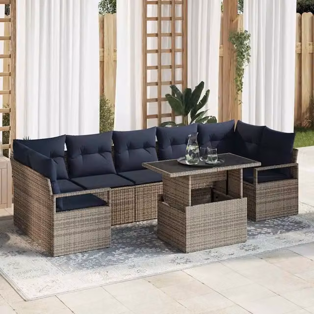 Set Divano da Giardino 8 pz 7-Numero di posti Grigio e Blu Navy 3348781