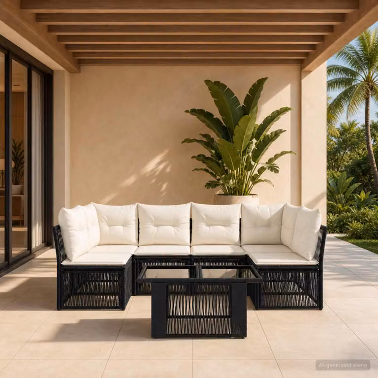 Set Divano da Giardino vidaXL 7 Pezzi in Polyrattan Nero con Tavolino e Cuscini