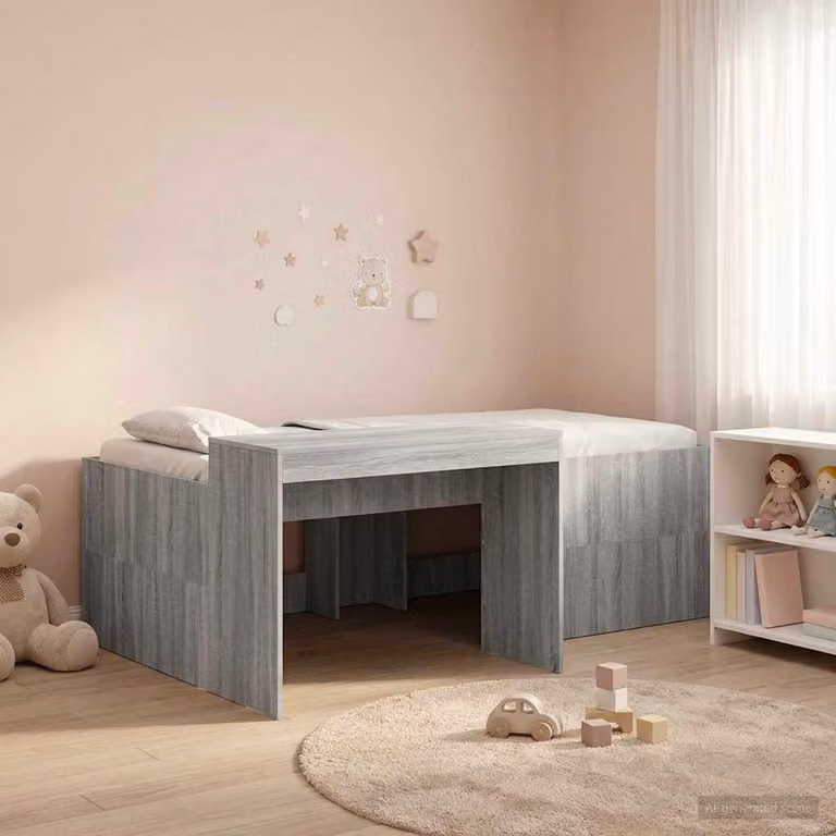 Letto a soppalco esclusivo con scrivania per bambini, colore grigio Sonoma, dimensioni 98,5 x 203 cm