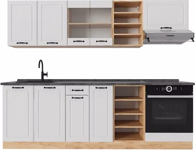 Cucina componibile Vicco R-Line in stile rustico, Bianco e Rovere dorato con piano Antracite, L: 240 cm