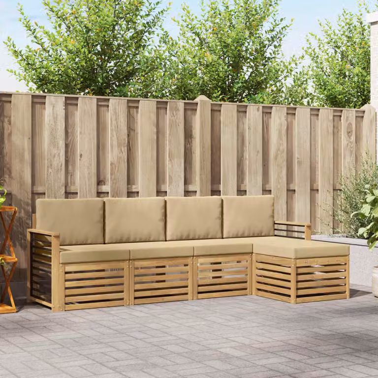 vidaXL Set di divani da esterno a L con pouf, struttura in legno di acacia e cuscini in poliestere bianco e beige