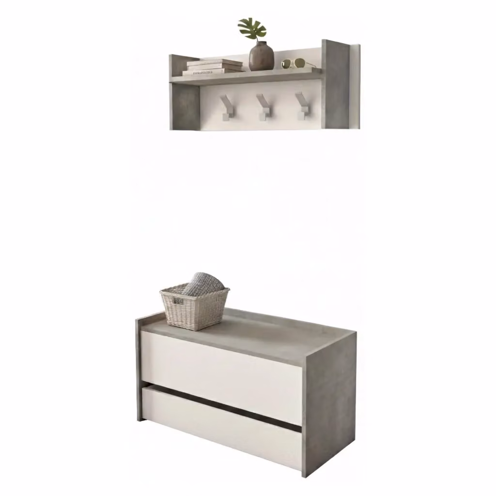 Mobile da ingresso moderno DMORA Actinolite con scarpiera e appendiabiti, Grigio e Bianco, L: 50 cm, P: 32 cm, H: 182 cm – 2