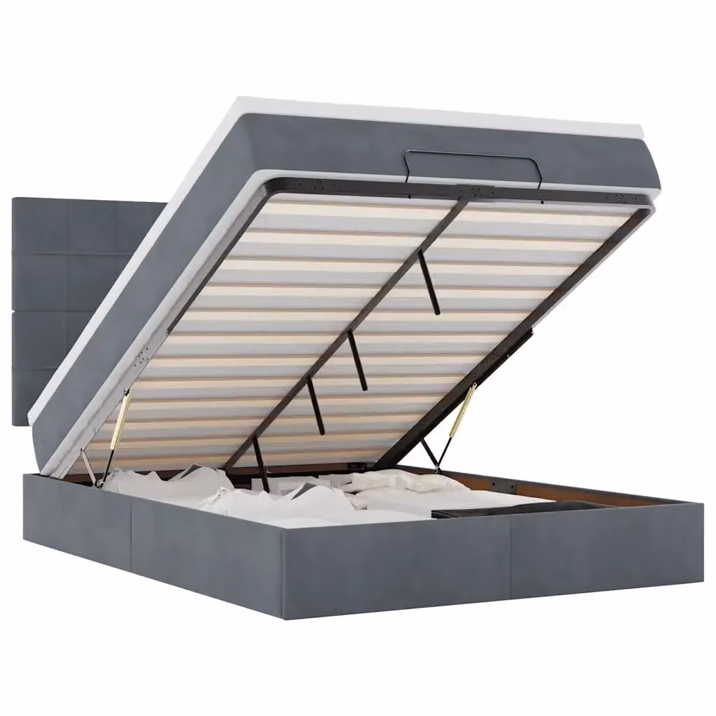 Letto con contenitore a sollevamento vidaXL in velluto grigio e bianco, L: 190 cm, P: 144 cm, H: 28 cm – 2