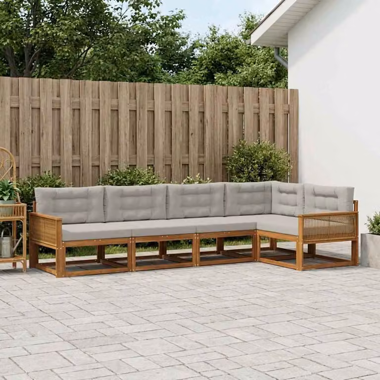 Set di divani da esterno vidaXL a forma di L in legno di acacia con cuscini, beige e grigio chiaro