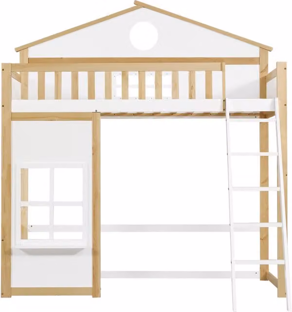 Letto a castello per bambini con tetto e finestra, struttura in pino e MDF, scala, protezioni di sicurezza, 90x200 cm, bianco e naturale