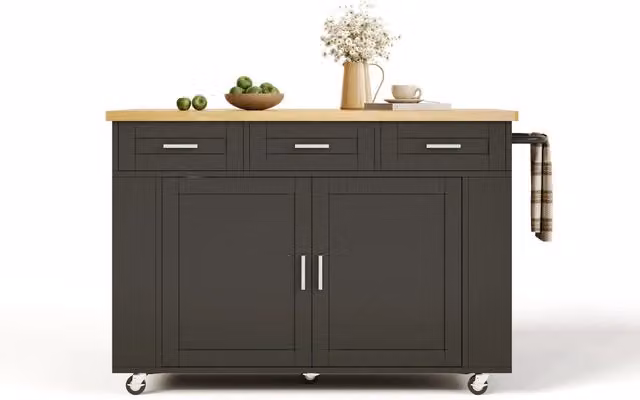 Carrello da cucina moderno con piano pieghevole estendibile, 3 cassetti, prese integrate e ruote, nero e beige, L: 120 cm, P: 45-70 cm, H: 84 cm