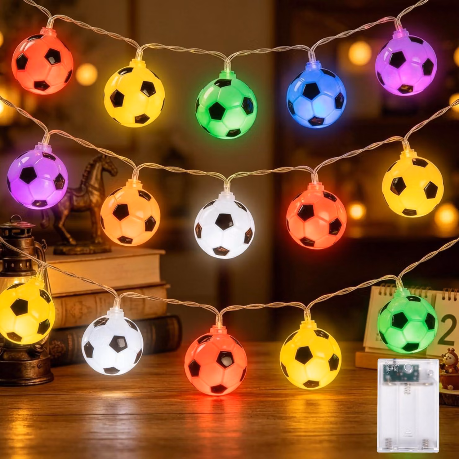 Catena luminosa a forma di pallone da calcio, lunghezza 3 metri, 20 LED, multicolore, alimentata a batteria