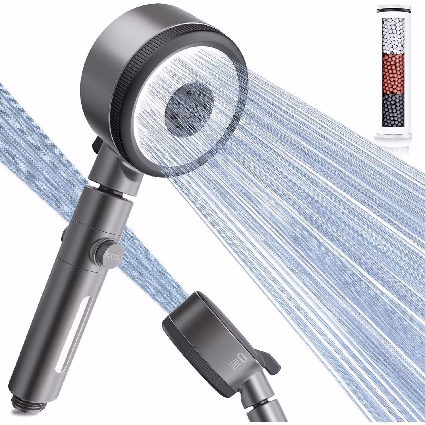 Doccia con filtro, 6 modalità, girevole a 360°, colore grigio scuro
