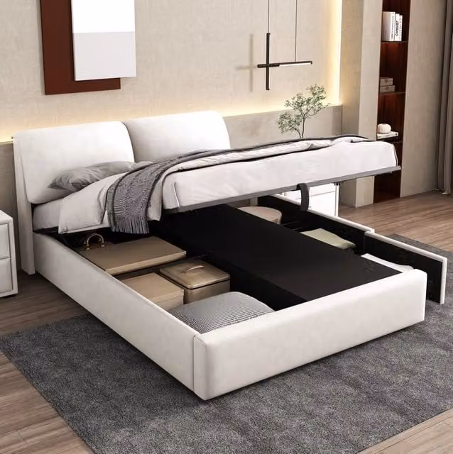 Letto imbottito 140x200 cm con contenitore idraulico; 3 cassetti; rete a doghe e testiera regolabile in velluto beige
