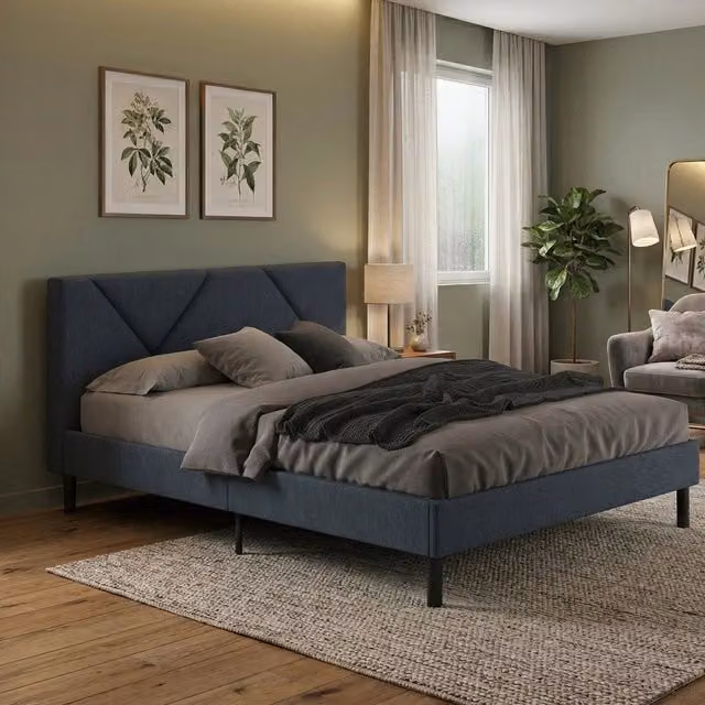 Letto alla francese Ikelos DMORA blu con struttura imbottita per materasso 140x190 cm