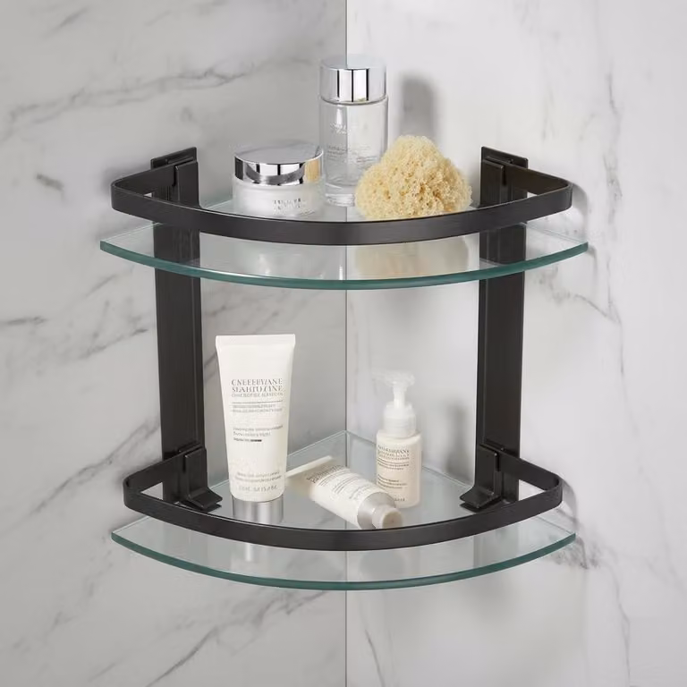 Omgoods - Angolo di supporto in vetro rinforzato con due ripiani in alluminio nero