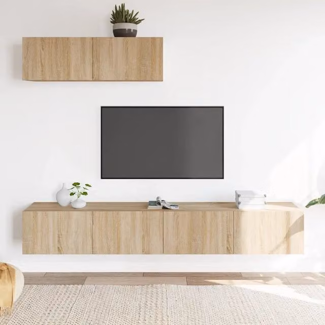 Set di mobili porta TV da soggiorno vidaXL in legno multistrato color rovere e beige, modello a parete, 3 pezzi