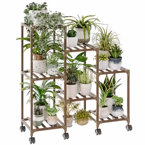 Bamworld Supporto per piante con ruote per piante da interno, in legno, per esterni, 3 pneumatici, 7 scalette in vaso, supporto per piante, da tavolo, per finestra, giardino, balcone, patio, soggiorno