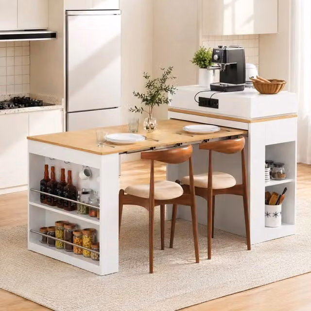 Isola cucina con ruote e tavolo allungabile pieghevole, tavolo bar con prese di corrente e ganci, tavolo multifunzione bianco per cucina e sala da pranzo