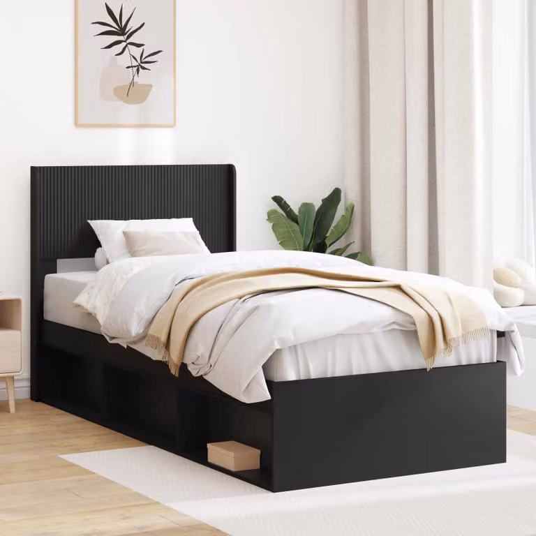 vidaXL Struttura letto moderna con stoccaggio e testata in legno nero L/P/H: 200 x 90 x 140 cm