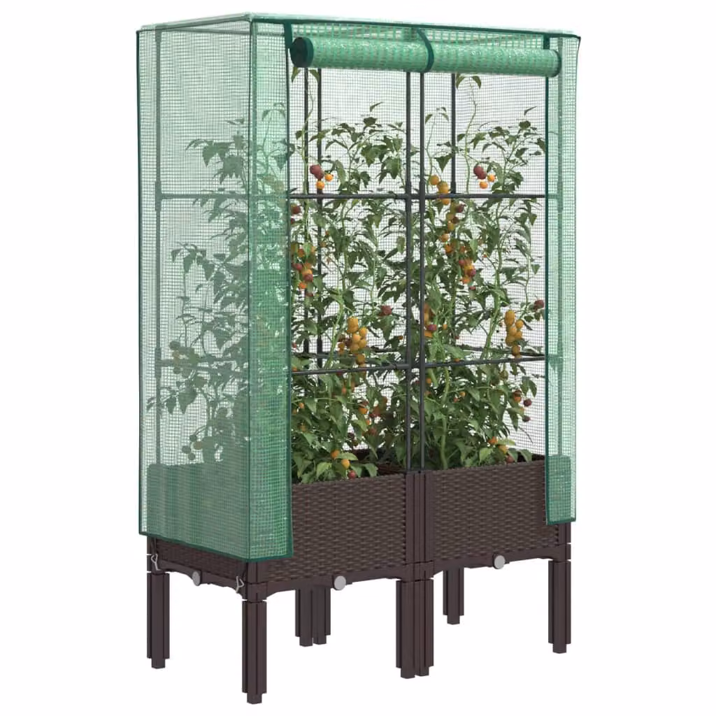 Letto rialzato con copertura a serra effetto rattan vidaXL, marrone e verde, L: 80 cm, P: 40 cm, H: 140 cm