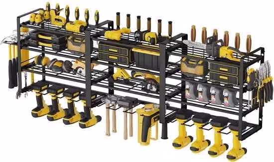 Scaffale da parete AcornFort W-1703 nero per garage e officina con 4 ripiani, 12 supporti per batterie e 4 supporti per trapano, L: 120 cm