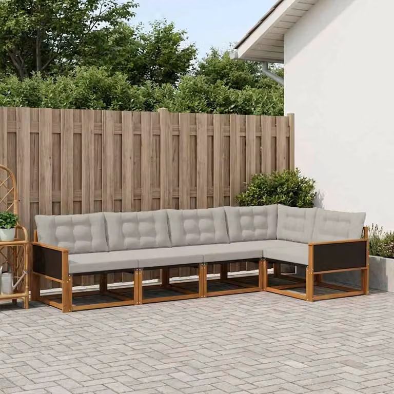 Set di divani da esterno a L vidaXL in legno di acacia con cuscini beige e grigio