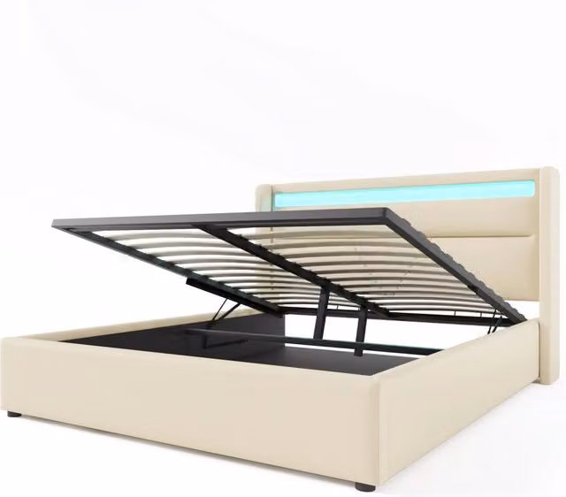 Letto contenitore 160 × 200 cm, letto matrimoniale 2 posti con LED regolabile e vano idraulico, materasso incluso