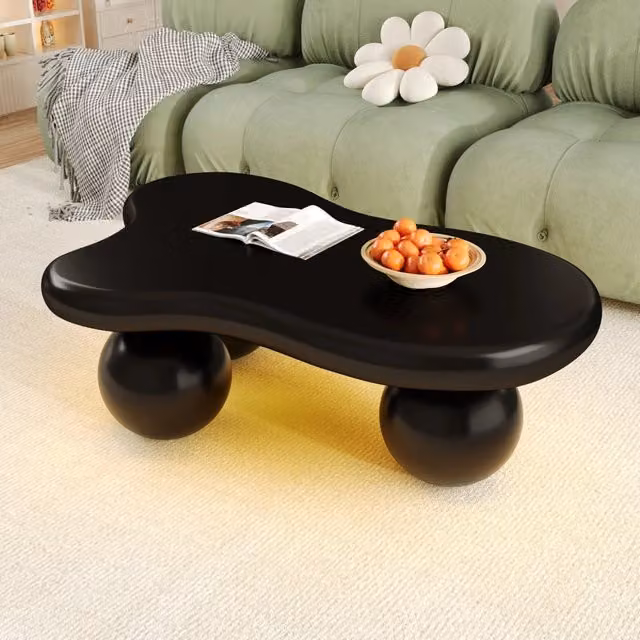 Tavolino basso OKWISH a forma di nuvola con LED a 16 colori, bordi arrotondati e finitura opaca in MDF nero per soggiorno, L: 95 cm, P: 62,5 cm, H: 32 cm