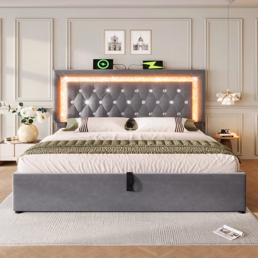 Letto matrimoniale MODFU in velluto grigio con contenitore idraulico, illuminazione LED e porte USB/USB-C, L/P: 160 x 200 cm – 2