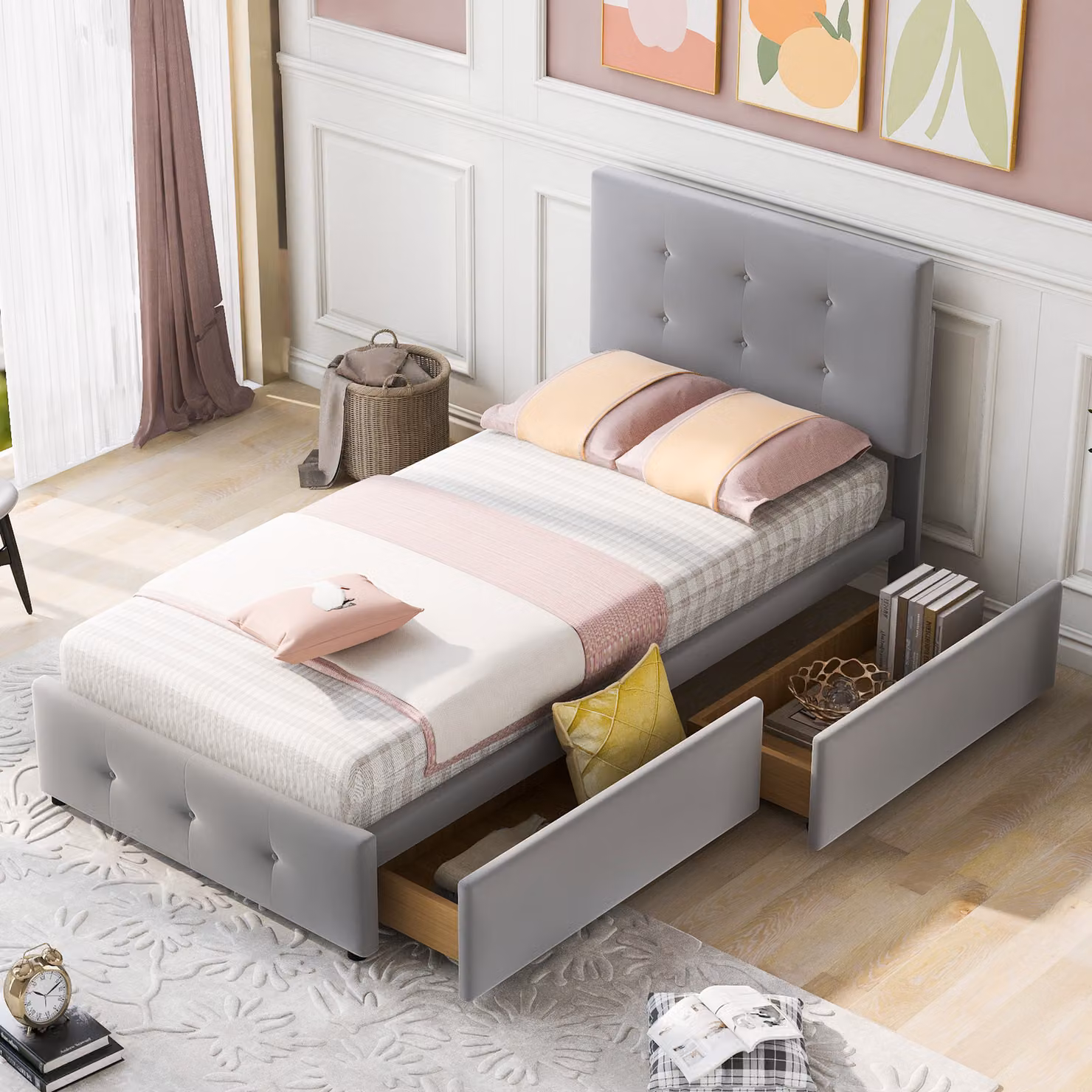 Letto singolo per bambini STILVORA, 90x200 cm, con rete a doghe. Letto per adolescenti, divano letto singolo con schienale e due cassetti, senza materasso, colore grigio