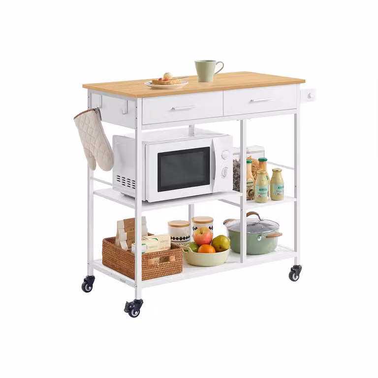 Isola da cucina con ruote cassetti ganci e portasciugamani, 98,7l cm