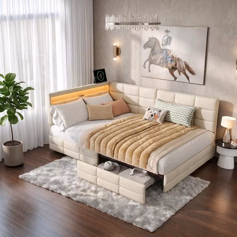 Letto imbottito INONEFT 140x200 cm con LED e USB, divano letto multifunzione con rete a doghe/vano contenitore, letto matrimoniale con contenitore e 2 cassetti, tessuto in lino, color beige