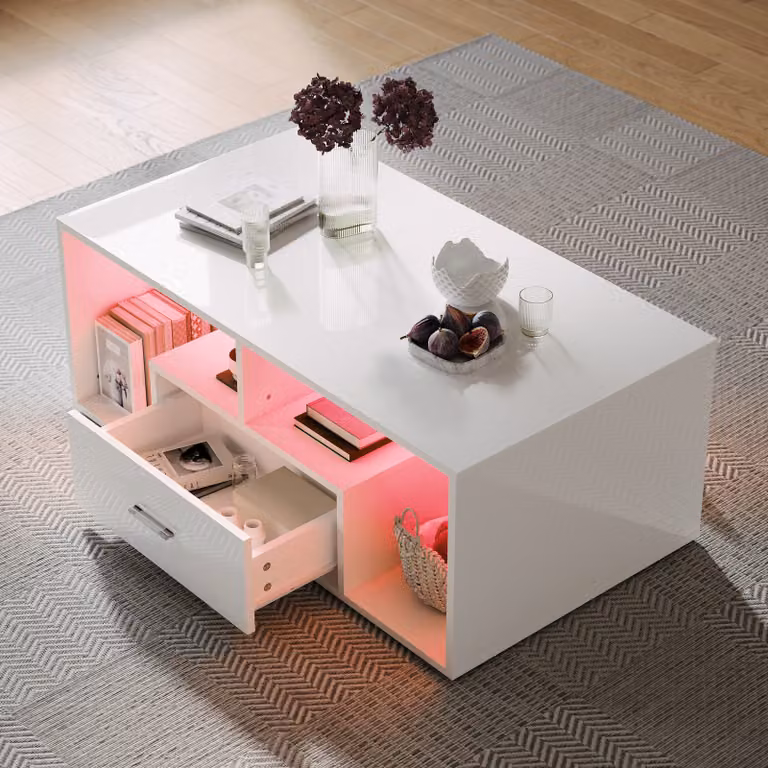 SONNI tavolino bianco lucido 100x55x40cm Tavolini in legno Con cassetti e LED RGB Adatto a camera da letto e soggiorno