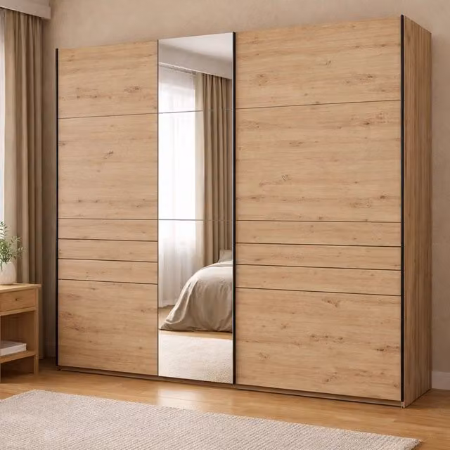 Armadio da camera da letto moderno DMORA con ante scorrevoli e specchio, colore marrone rovere, L: 245 cm, H: 217,5 cm