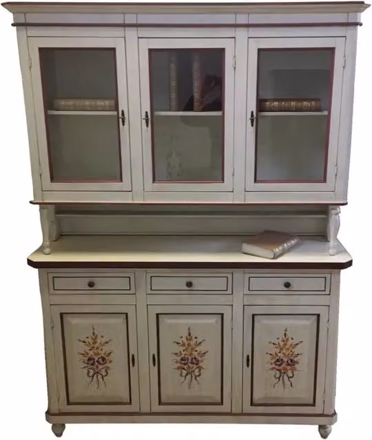 Cristalliera napoletana in stile arte povera con decori floreali di Mobili 2G, colore bianco, L: 150 cm, P: 43 cm, H: 208 cm – 3