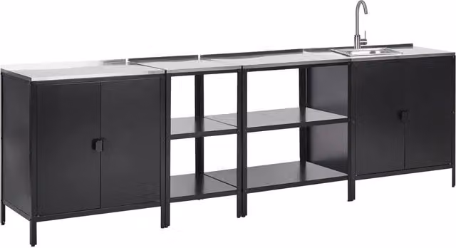 Set cucina da esterno 4 elementi in acciaio inox nero 2 armadietti da cucina 2 console portaoggetti con lavello cucina da esterno
