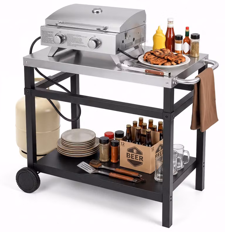 Tavolo da barbecue COSTWAY, carrello per barbecue con piano di lavoro in acciaio inossidabile, ripiano, maniglia laterale e ruote, carrello di servizio, tavolino di dimensioni 90 x 59 x 81 cm