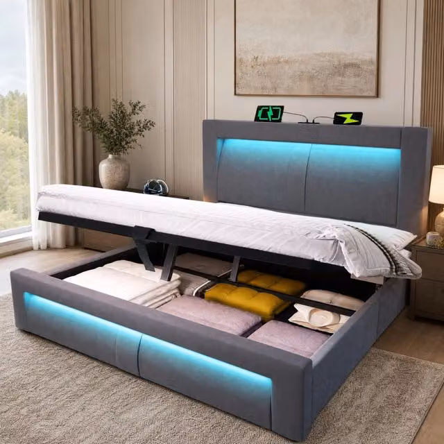 Letto 160x200 cm con contenitore, LED, porte USB e USB-C in velluto grigio