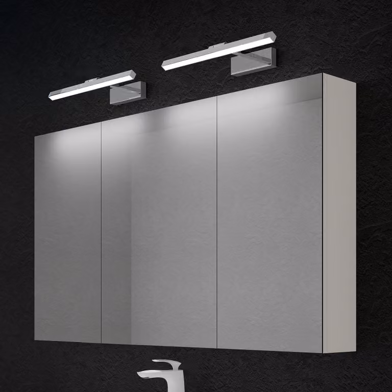 doporro Armadietto a Specchio 120x15x70cm con Lampada da Specchio LED per Bagno 40cm*2, 9W 4000K, Specchiera Bagno Mobilettto da Parete Bianco con 3 Ante e Applique Specchio Cromo, Spiegelschrank 02