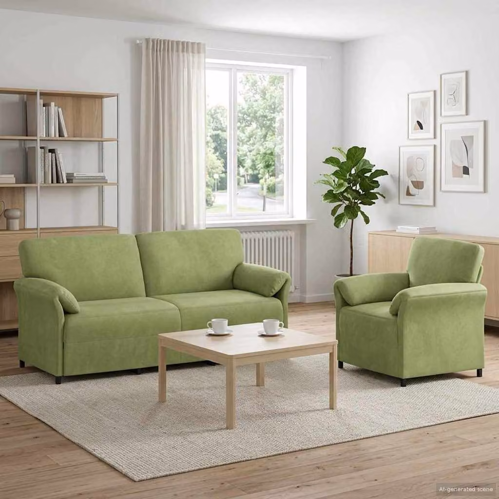 Set di 2 divani moderni vidaXL in velluto verde chiaro con struttura in metallo e cuscini inclusi