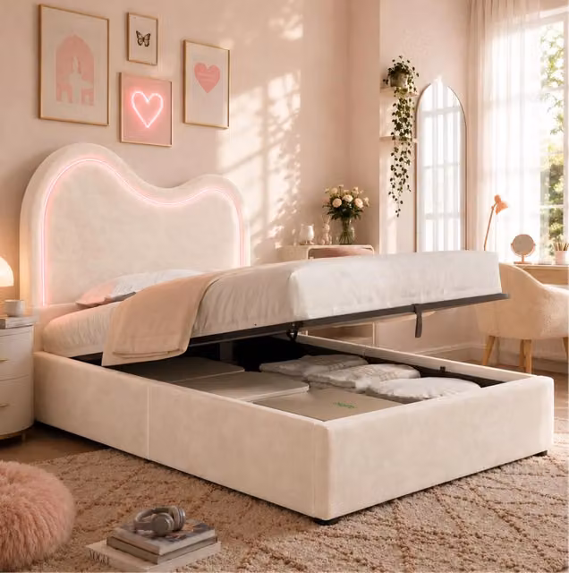 Letto singolo per bambini 90x200 cm con contenitore idraulico; LED e velluto beige