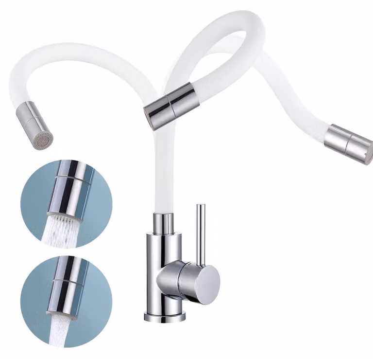 Rubinetto da cucina/bagno, flessibile, in acciaio inossidabile, bianco, girevole a 360°, con 2 tipi di getto