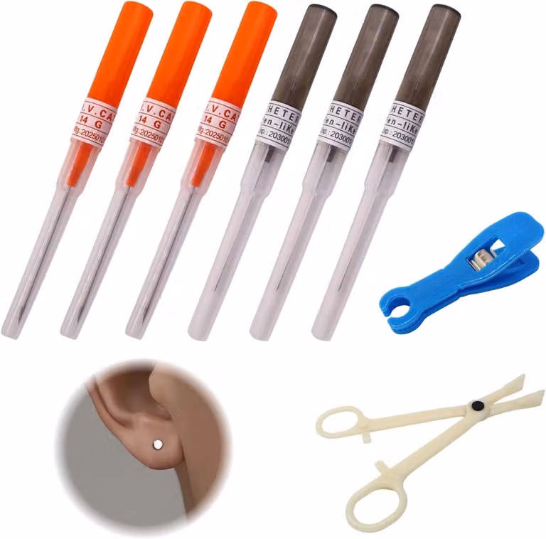 Set di aghi per piercing in acciaio inossidabile, composto da 8 pezzi, di calibro 14G e 16G, con strumenti per piercing