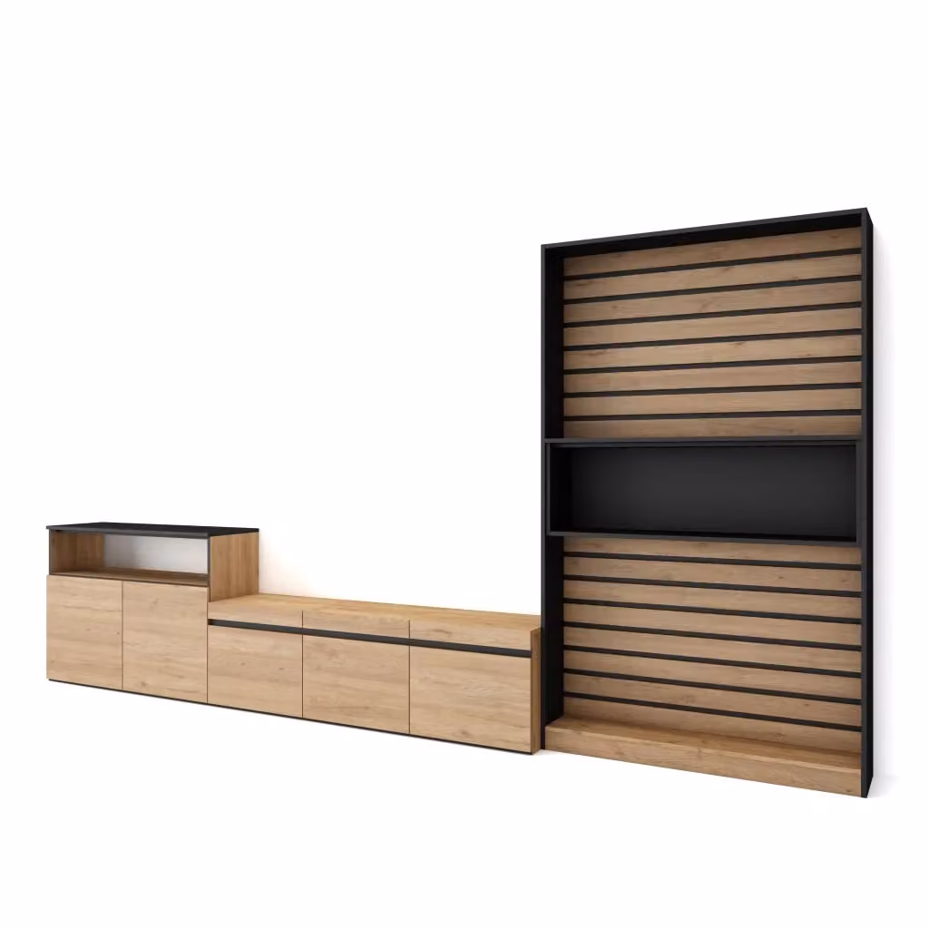 Mobile TV per soggiorno SKRAUT HOME, set di mobili moderno per TV fino a 65 pollici, colore Rovere e nero, L: 360 cm, P: 35 cm, H: 186 cm – 2