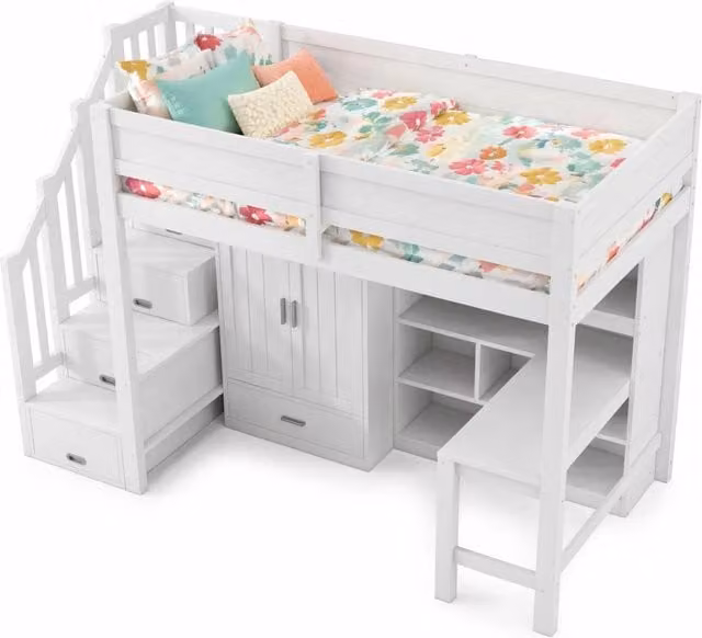Letto a castello REDOM in legno e MDF bianco con scala a gradini, illuminazione LED sottostante e scomparti laterali, dimensioni 90x200 cm