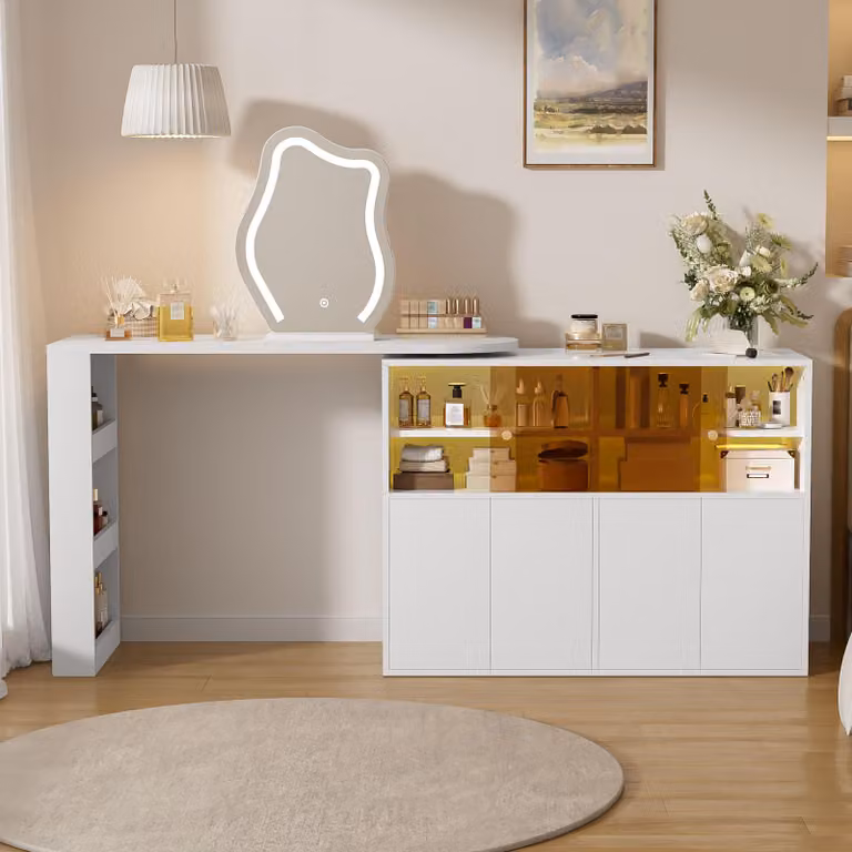 Comò da trucco Merax con illuminazione a LED, mobile contenitore laterale, tavolino da trucco, scrivania, armadio angolare con specchio e spazio contenitivo, bianco