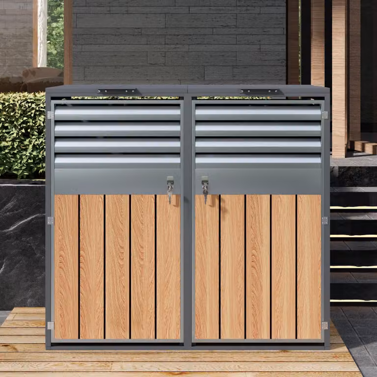 Flieks - Box per bidoni della spazzatura, 1 pezzo, armadietto con coperchio ribaltabile, copertura chiudibile a chiave per 2 bidoni da 120–240 L, 132x80x118,5 cm, grigio