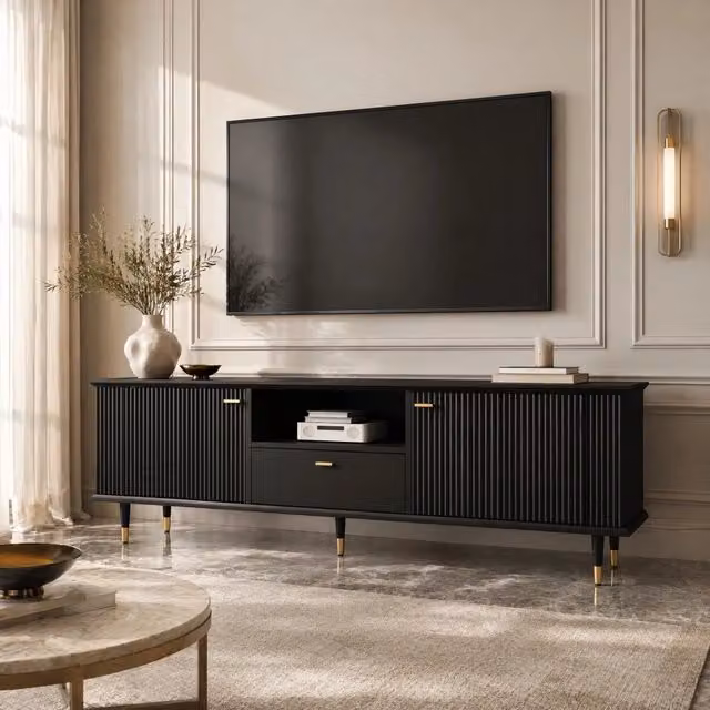 Mobile porta TV moderno OKWISH in MDF nero e oro con 2 ante, 1 vano aperto, 1 cassetto con chiusura ammortizzata e passacavi, L/P/H: 170 x 36 x 54 cm