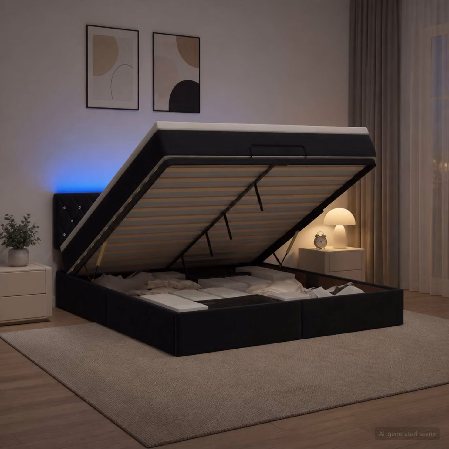 Letto Ottomano vidaXL con Materasso e Illuminazione LED in Velluto Nero L: 140 cm, P: 190 cm, H: 88 cm